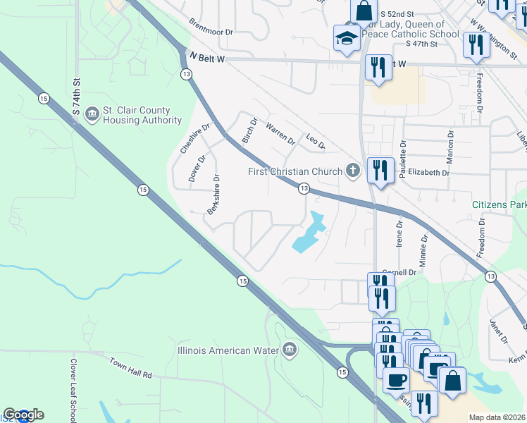 map of restaurants, bars, coffee shops, grocery stores, and more near 218 Warrensburg Drive in Belleville