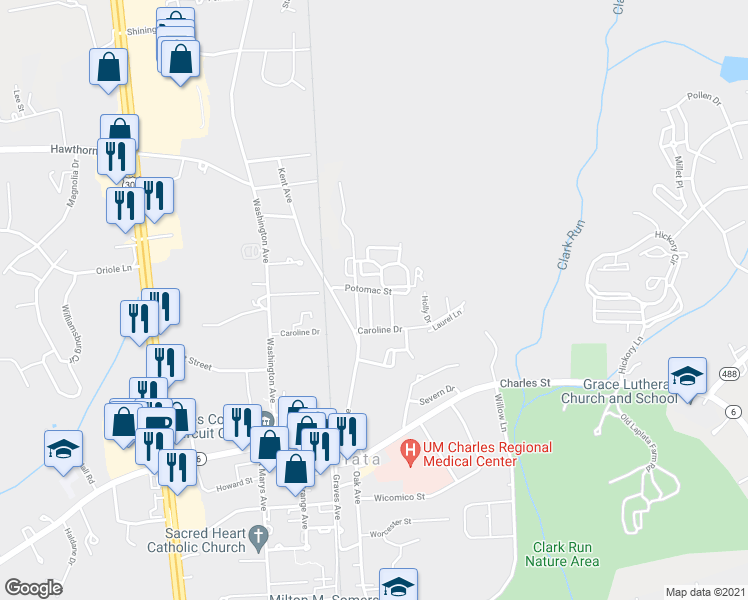 map of restaurants, bars, coffee shops, grocery stores, and more near 320 Goose Creek Drive in La Plata