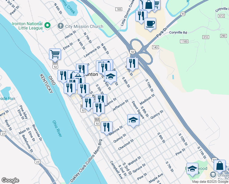 map of restaurants, bars, coffee shops, grocery stores, and more near 616 Washington Street in Ironton