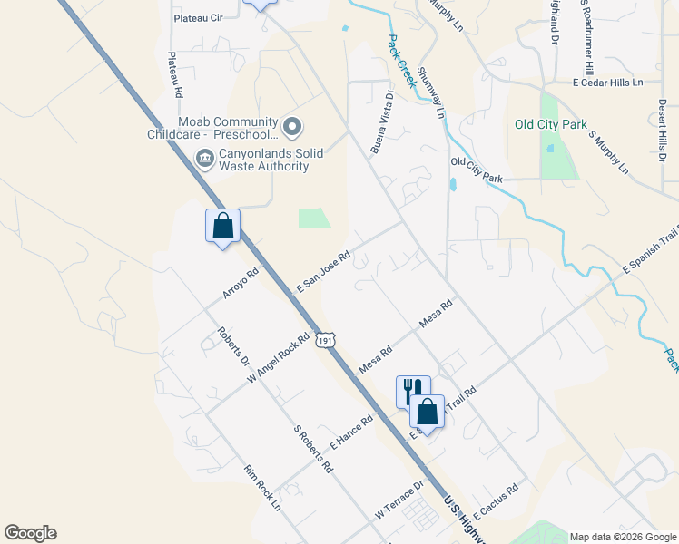 map of restaurants, bars, coffee shops, grocery stores, and more near 2340 East San Jose Road in Moab