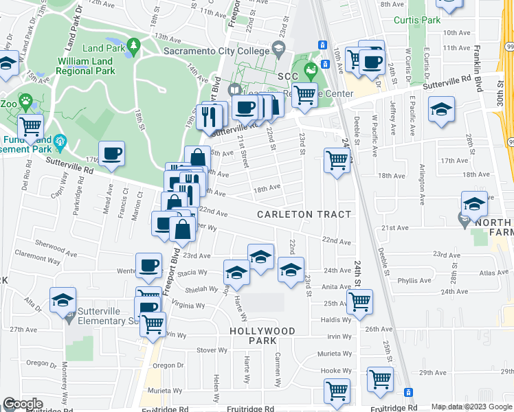 map of restaurants, bars, coffee shops, grocery stores, and more near 2108 20th Avenue in Sacramento