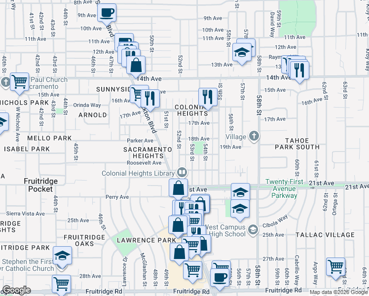 map of restaurants, bars, coffee shops, grocery stores, and more near in Sacramento