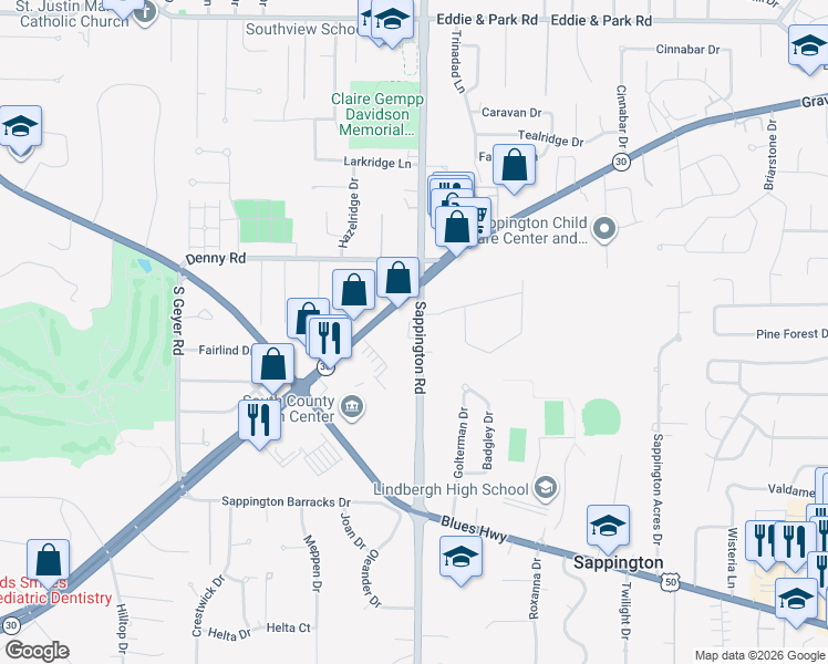 map of restaurants, bars, coffee shops, grocery stores, and more near 11634 Gravois Road in St. Louis