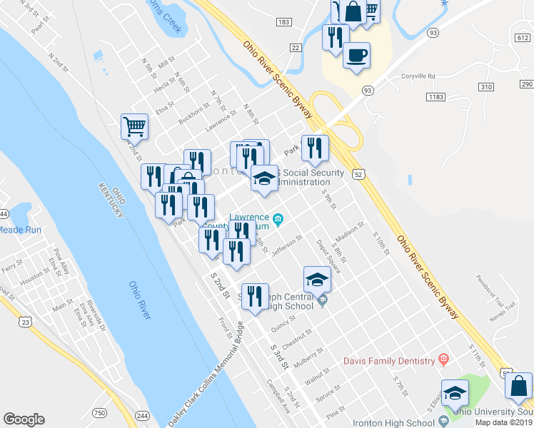 map of restaurants, bars, coffee shops, grocery stores, and more near 616 Washington Street in Ironton