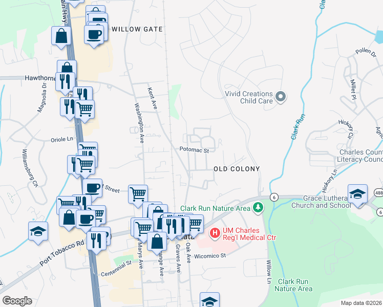 map of restaurants, bars, coffee shops, grocery stores, and more near 325 Goose Creek Drive in La Plata