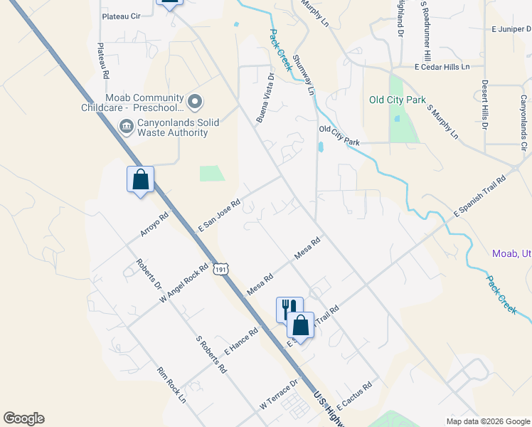 map of restaurants, bars, coffee shops, grocery stores, and more near 2545 Desert Road in Moab