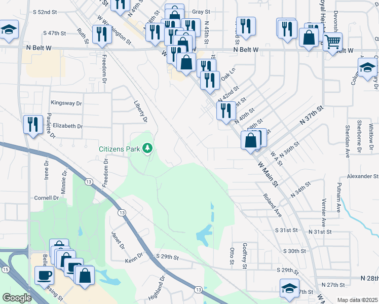 map of restaurants, bars, coffee shops, grocery stores, and more near 317 South 44th Street in Belleville