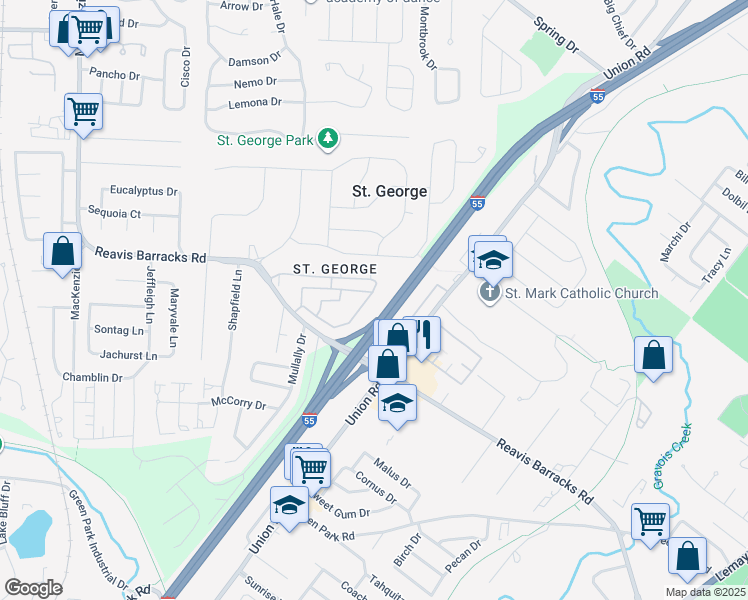 map of restaurants, bars, coffee shops, grocery stores, and more near 9920 South Bunker Hill Drive in St. Louis