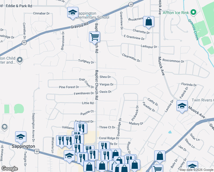 map of restaurants, bars, coffee shops, grocery stores, and more near 10937 Vargas Drive in St. Louis