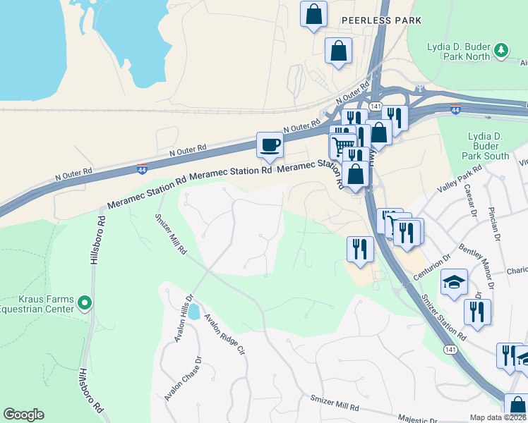 map of restaurants, bars, coffee shops, grocery stores, and more near 2114 Meramec Meadows Drive in Fenton