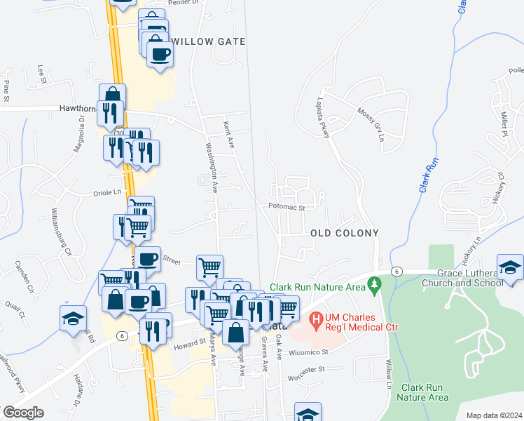 map of restaurants, bars, coffee shops, grocery stores, and more near 315 Kent Avenue in La Plata