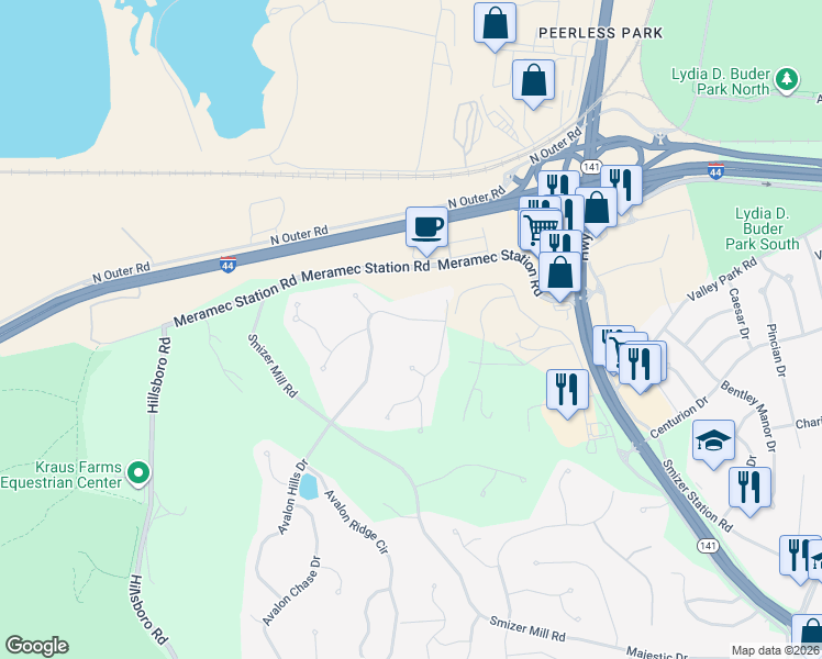 map of restaurants, bars, coffee shops, grocery stores, and more near 2114 Meramec Meadows Drive in Fenton