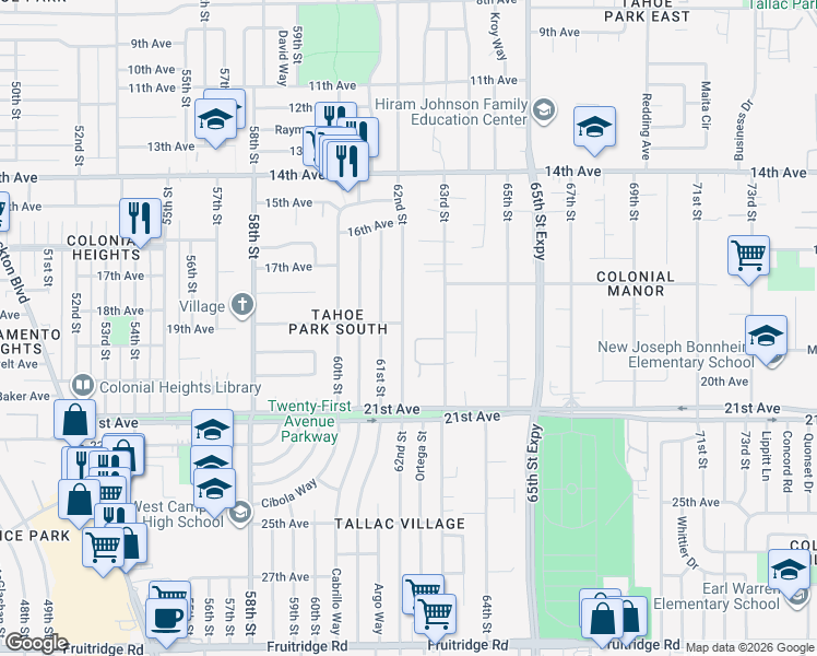 map of restaurants, bars, coffee shops, grocery stores, and more near 4339 62nd Street in Sacramento