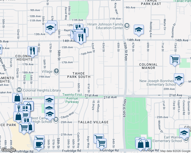 map of restaurants, bars, coffee shops, grocery stores, and more near 4339 62nd Street in Sacramento