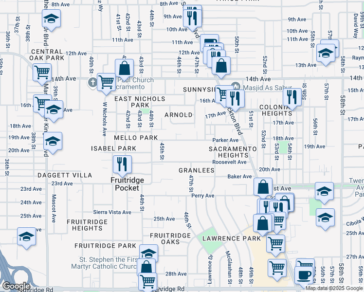 map of restaurants, bars, coffee shops, grocery stores, and more near 4516 Parker Avenue in Sacramento