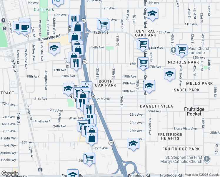 map of restaurants, bars, coffee shops, grocery stores, and more near 3404 19th Avenue in Sacramento