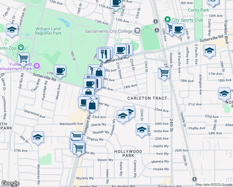 map of restaurants, bars, coffee shops, grocery stores, and more near 2070 20th Avenue in Sacramento