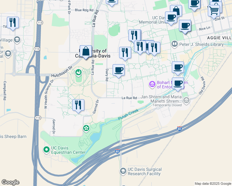 map of restaurants, bars, coffee shops, grocery stores, and more near La Rue Road in Davis