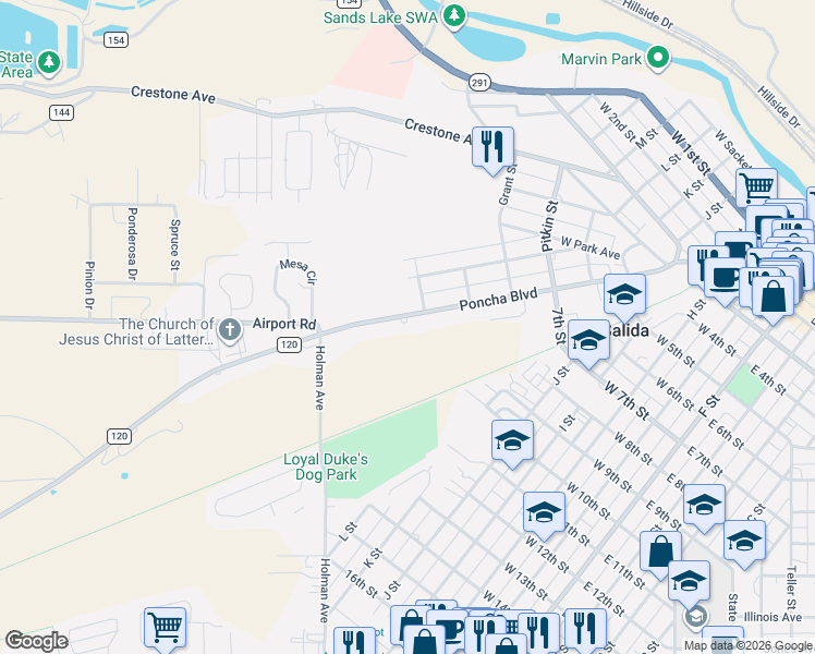 map of restaurants, bars, coffee shops, grocery stores, and more near 625 Poncha Boulevard in Salida