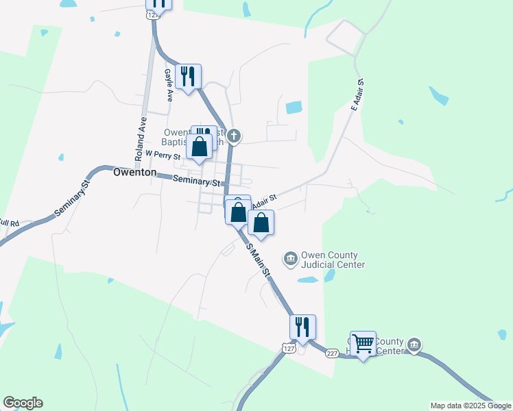 map of restaurants, bars, coffee shops, grocery stores, and more near 206 East Adair Street in Owenton