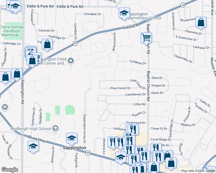 map of restaurants, bars, coffee shops, grocery stores, and more near 11149 Pine Forest Drive in Sappington