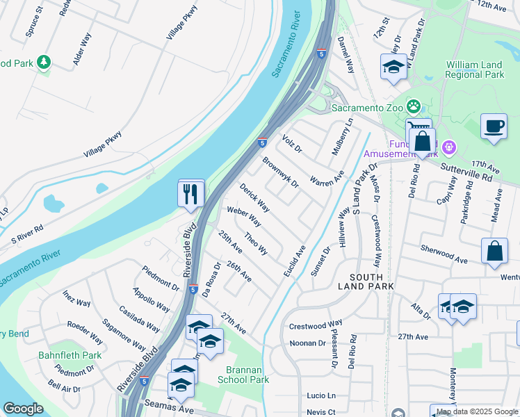 map of restaurants, bars, coffee shops, grocery stores, and more near 1132 Derick Way in Sacramento