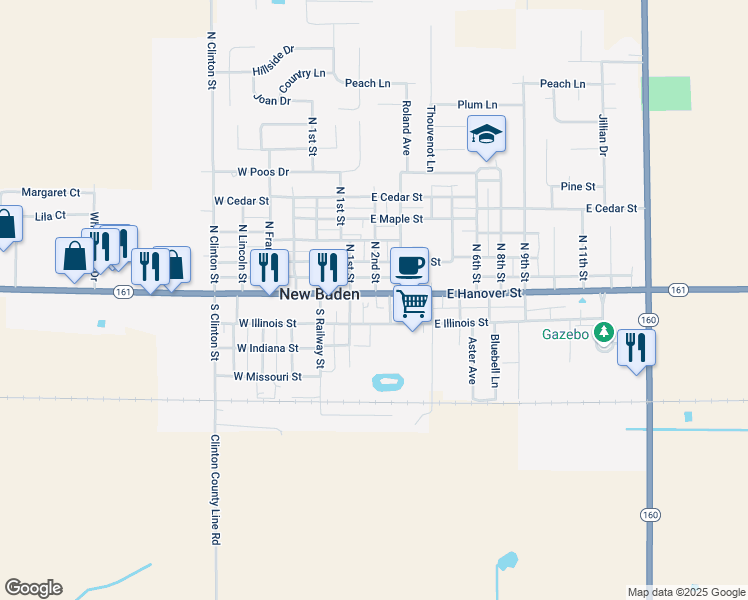 map of restaurants, bars, coffee shops, grocery stores, and more near 117 East Hanover Street in New Baden