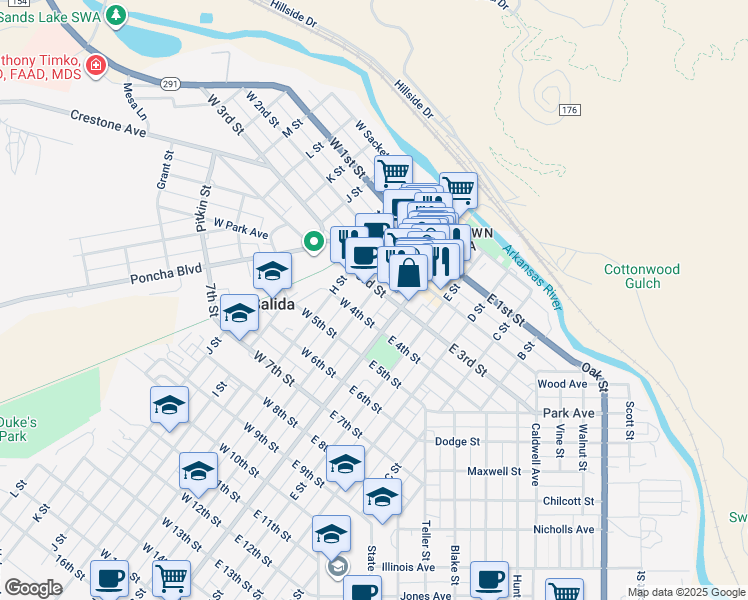 map of restaurants, bars, coffee shops, grocery stores, and more near 315 G Street in Salida