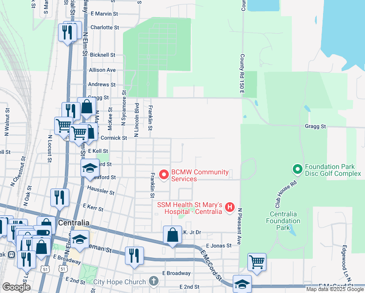 map of restaurants, bars, coffee shops, grocery stores, and more near 1000 Maulding Drive in Centralia