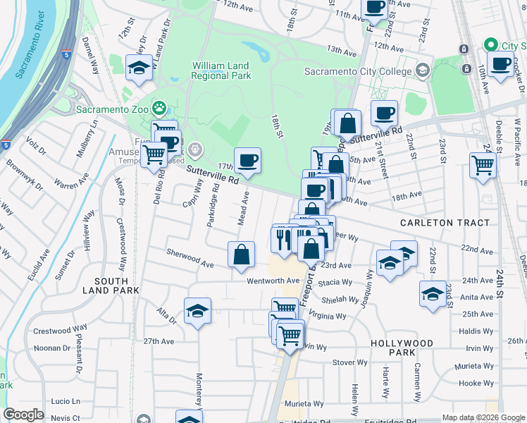 map of restaurants, bars, coffee shops, grocery stores, and more near 4436 Marion Court in Sacramento
