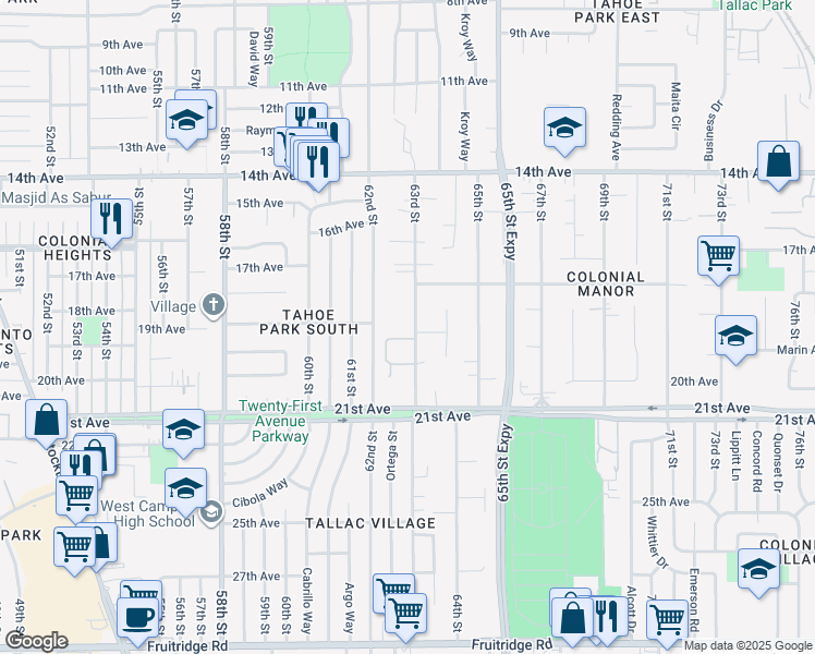 map of restaurants, bars, coffee shops, grocery stores, and more near 4500 63rd Street in Sacramento