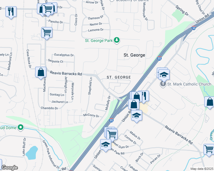 map of restaurants, bars, coffee shops, grocery stores, and more near 4808 Reavis Barracks Road in Affton