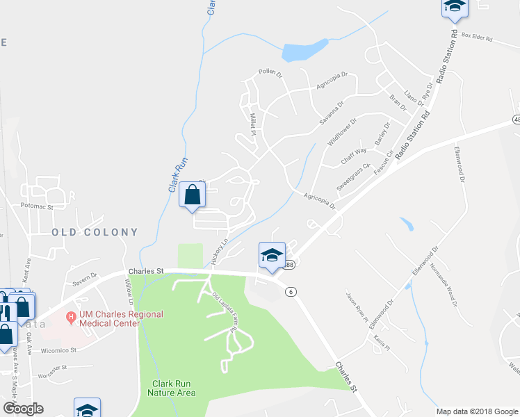 map of restaurants, bars, coffee shops, grocery stores, and more near 101 Huckleberry Drive in La Plata