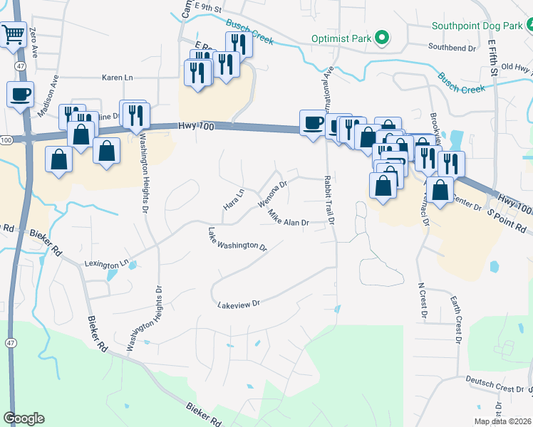 map of restaurants, bars, coffee shops, grocery stores, and more near 36 Mike Alan Drive in Washington