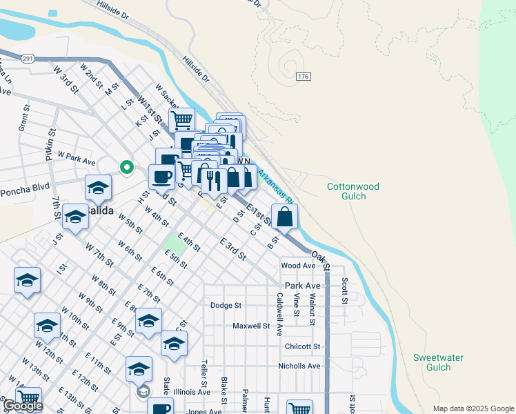 map of restaurants, bars, coffee shops, grocery stores, and more near 329 West Sackett Avenue in Salida