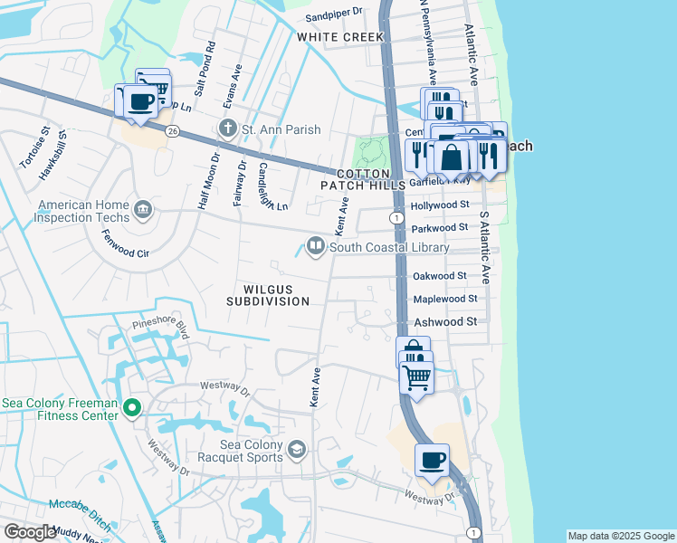 map of restaurants, bars, coffee shops, grocery stores, and more near 327 Oakwood Street in Bethany Beach
