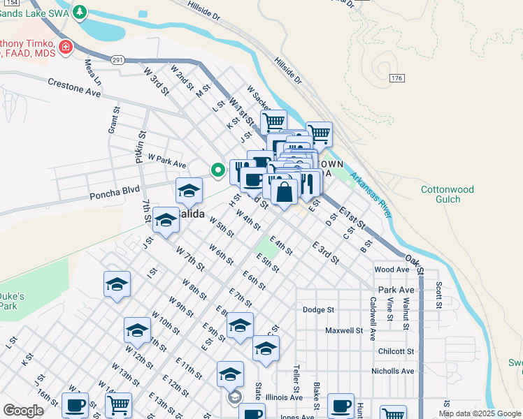 map of restaurants, bars, coffee shops, grocery stores, and more near 315 G Street in Salida