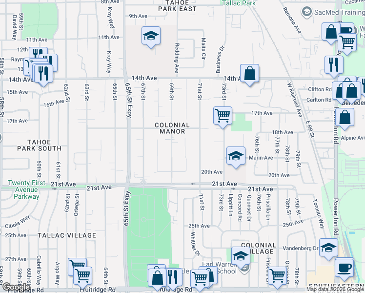 map of restaurants, bars, coffee shops, grocery stores, and more near 82 Malone Court in Sacramento