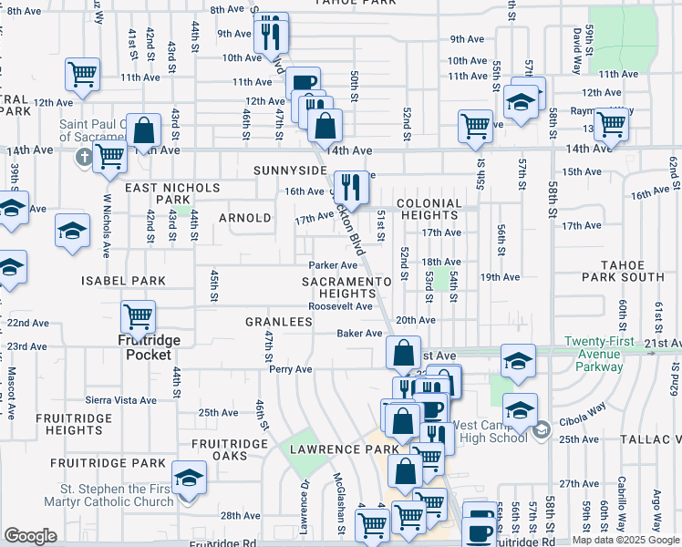 map of restaurants, bars, coffee shops, grocery stores, and more near 4816 Parker Avenue in Sacramento