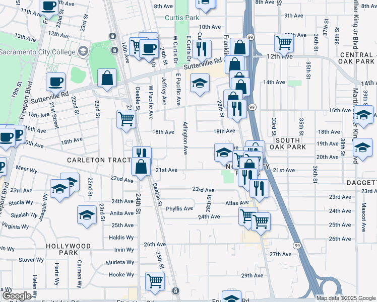 map of restaurants, bars, coffee shops, grocery stores, and more near 2600 19th Avenue in Sacramento