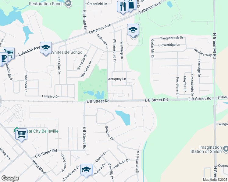 map of restaurants, bars, coffee shops, grocery stores, and more near 415 Williamsburg Drive in Belleville
