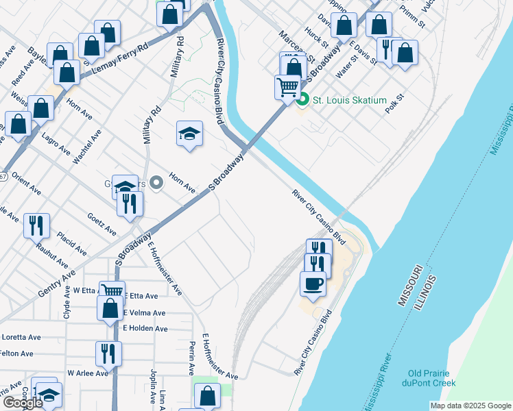 map of restaurants, bars, coffee shops, grocery stores, and more near 8900 South Broadway in St. Louis