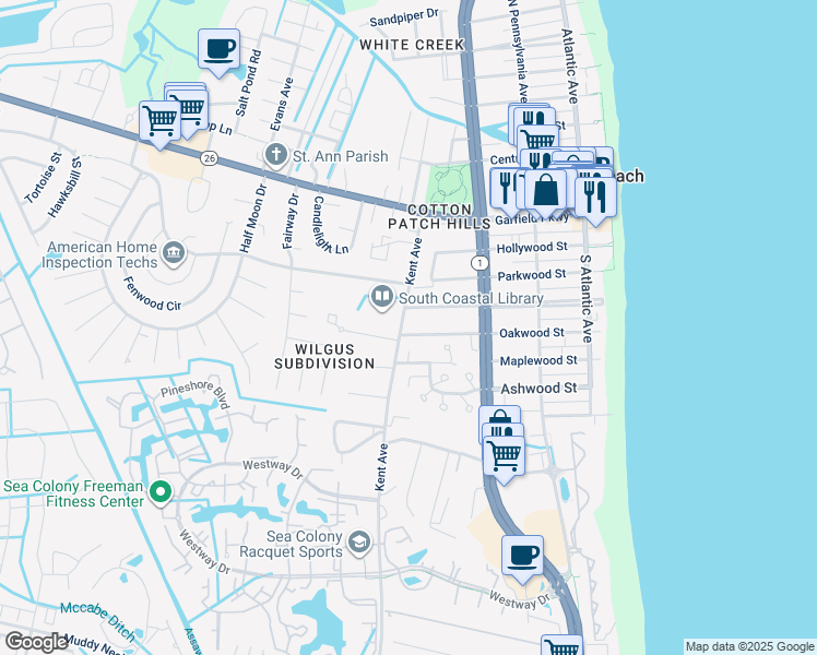 map of restaurants, bars, coffee shops, grocery stores, and more near 327 Oakwood Street in Bethany Beach