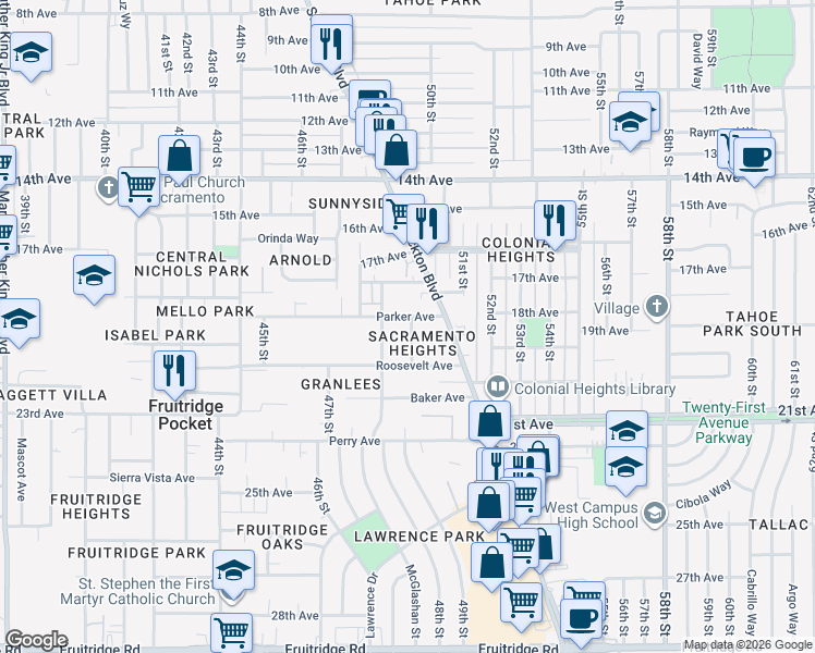 map of restaurants, bars, coffee shops, grocery stores, and more near 4816 Parker Avenue in Sacramento