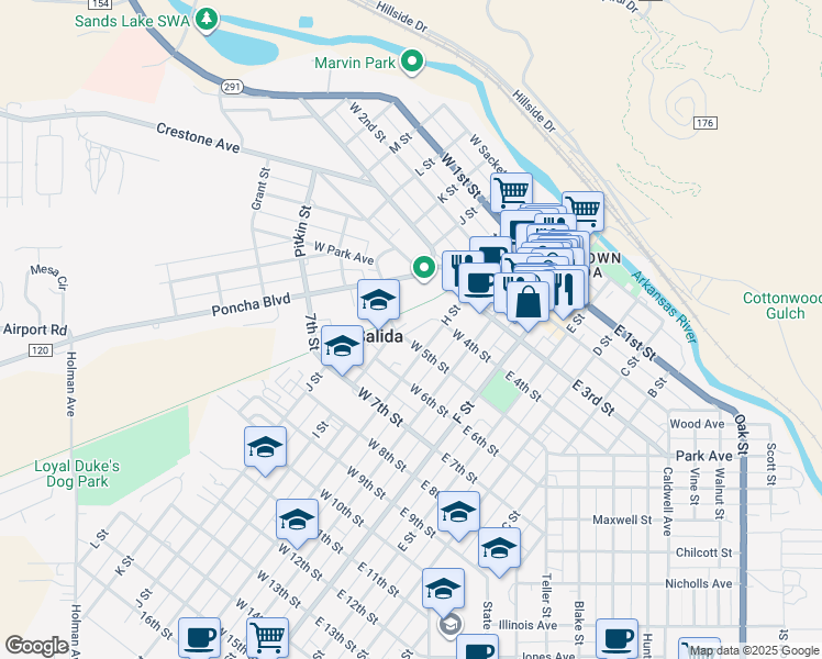 map of restaurants, bars, coffee shops, grocery stores, and more near 348 H Street in Salida