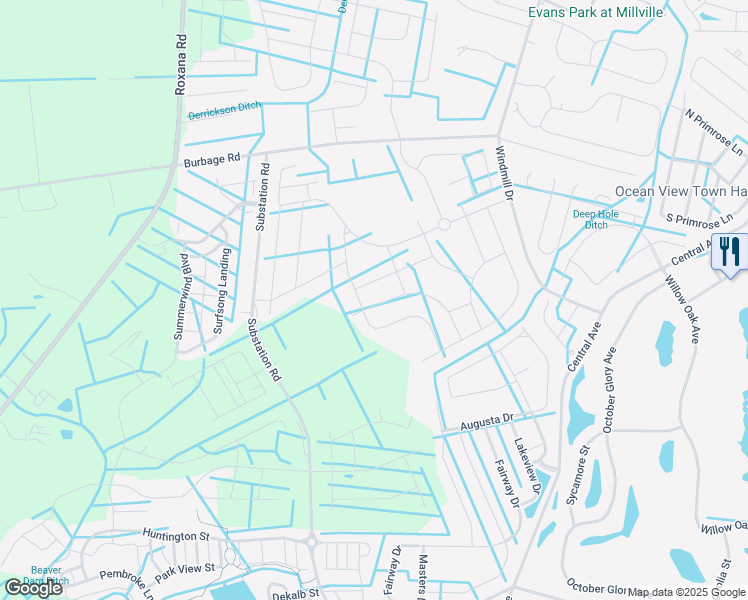 map of restaurants, bars, coffee shops, grocery stores, and more near 18734 Old Canal Lane in Millville