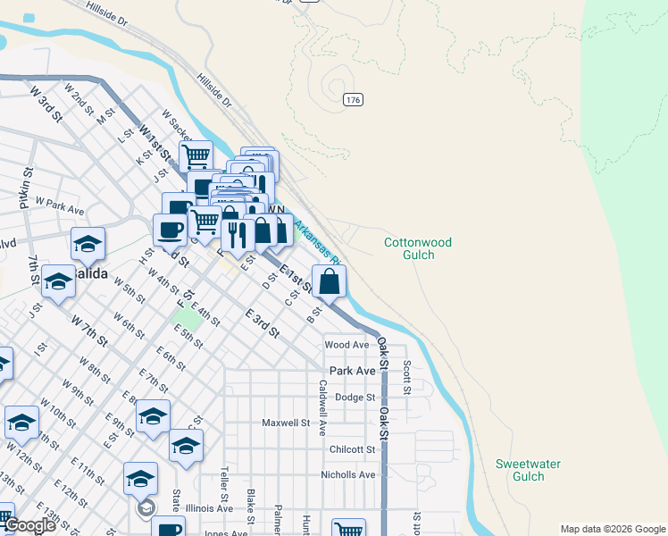 map of restaurants, bars, coffee shops, grocery stores, and more near 402 East Sackett Avenue in Salida