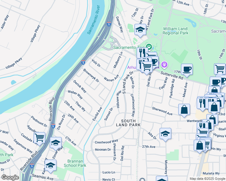 map of restaurants, bars, coffee shops, grocery stores, and more near 4271 Euclid Avenue in Sacramento