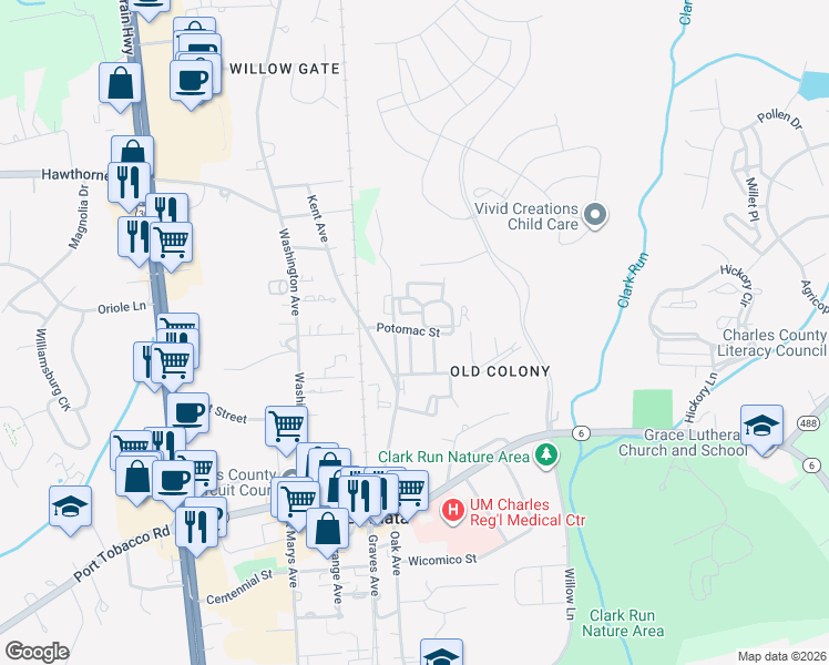 map of restaurants, bars, coffee shops, grocery stores, and more near 328 Goose Creek Drive in La Plata