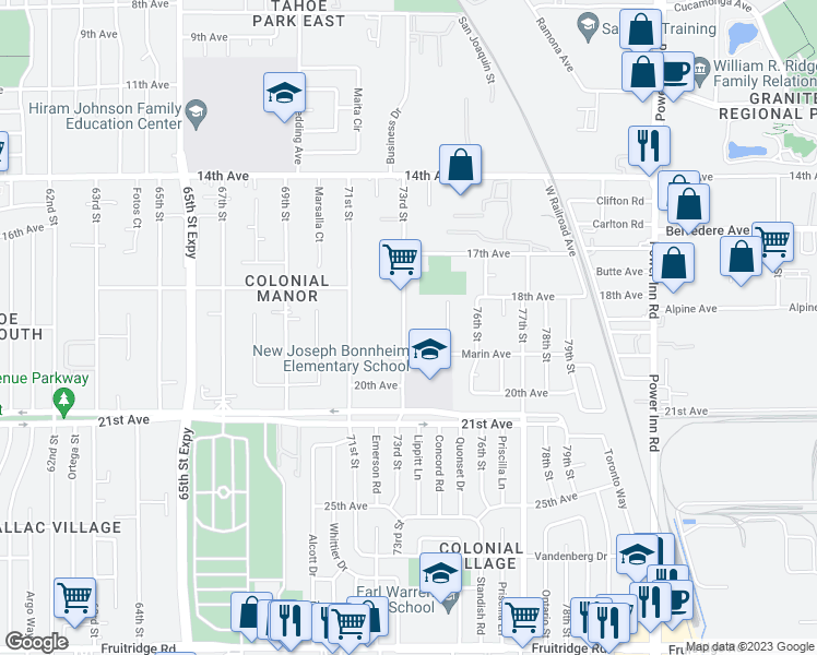 map of restaurants, bars, coffee shops, grocery stores, and more near 4345 73rd Street in Sacramento